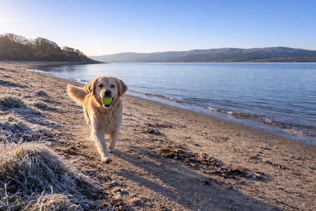 Dog running down Arnside Beach on a frosty morning.